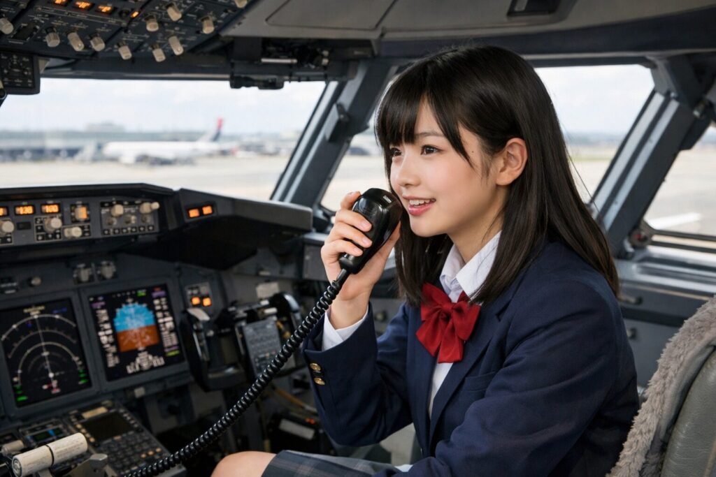 旅客機のコクピットで無線機で話す女子高生
