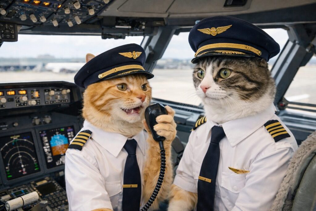 旅客機のコクピットで話す猫の機長と副機長