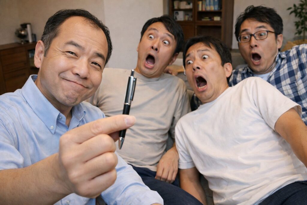 ドヤ顔でペンを見せるおじさんとそれを見て驚きのけぞる友人たち