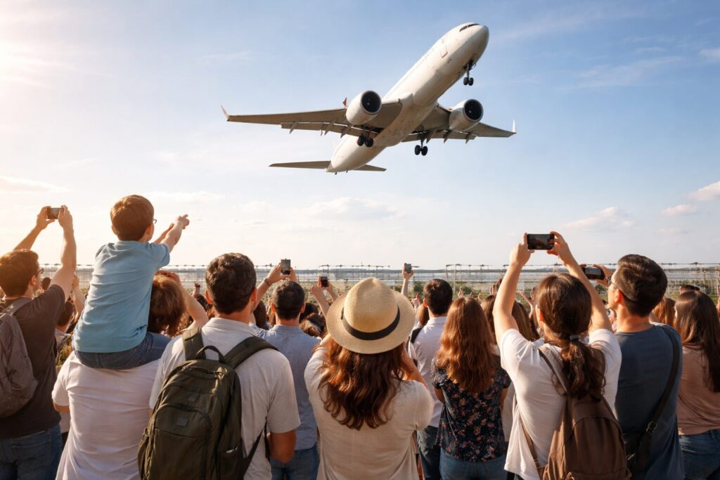 空港から離陸する旅客機を見上げるギャラリー