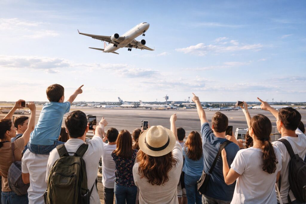 空港の展望デッキから飛行機を指さすギャラリー