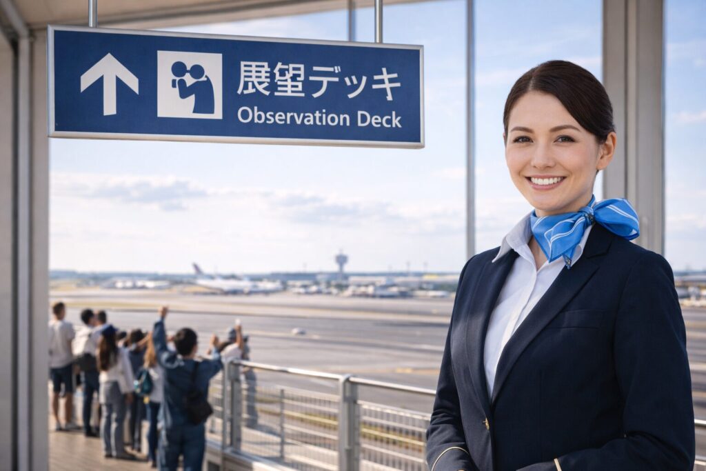 展望デッキへの案内板と笑顔のCA