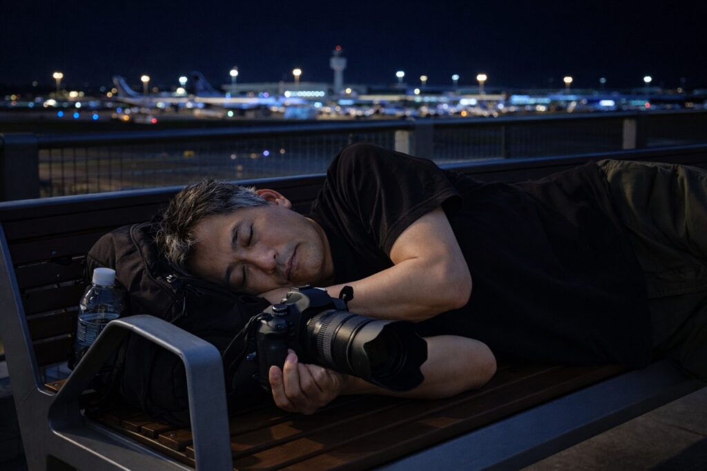 空港のベンチで仮眠するアマチュアカメラマン