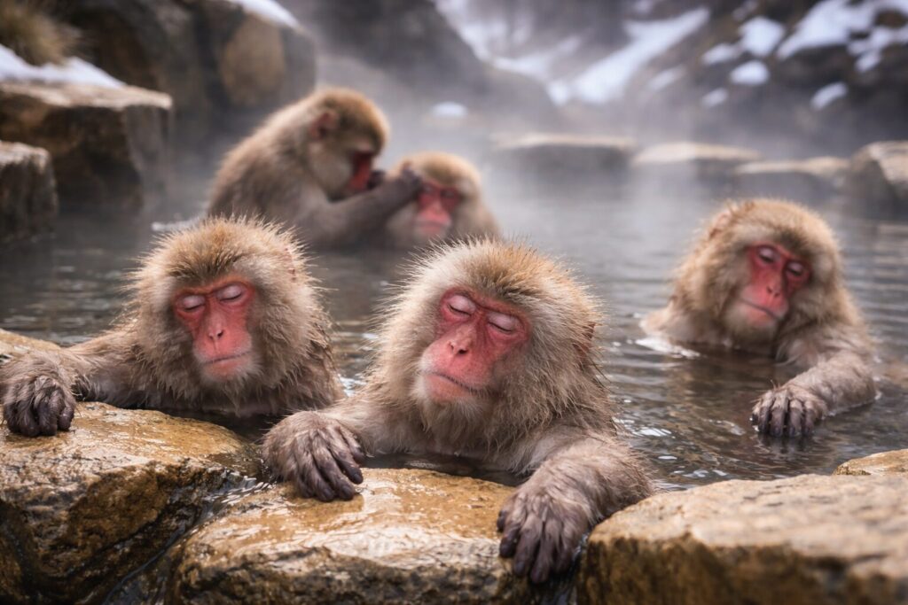 温泉でくつろぐニホンザルたち