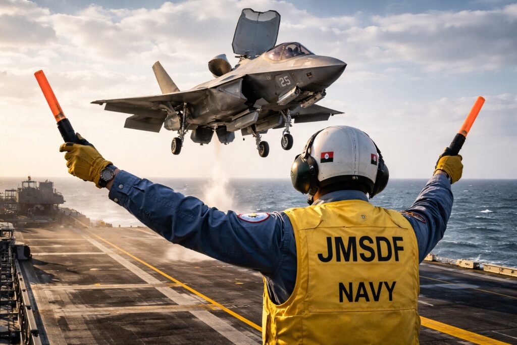 ｆ35垂直離着陸機の着陸を誘導する海上自衛隊スタッフ