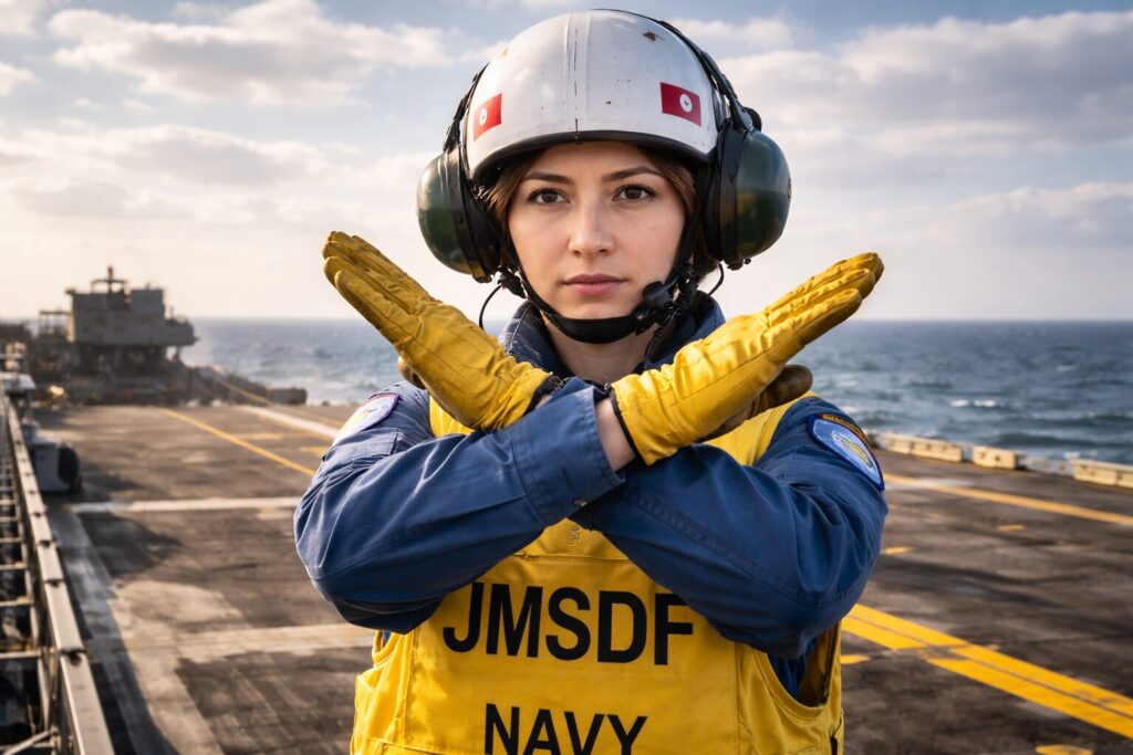 両手で×を作る海上自衛隊員の女性スタッフ