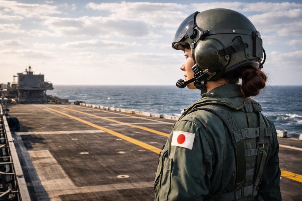 滑走路を見つめる自衛隊の女性パイロット