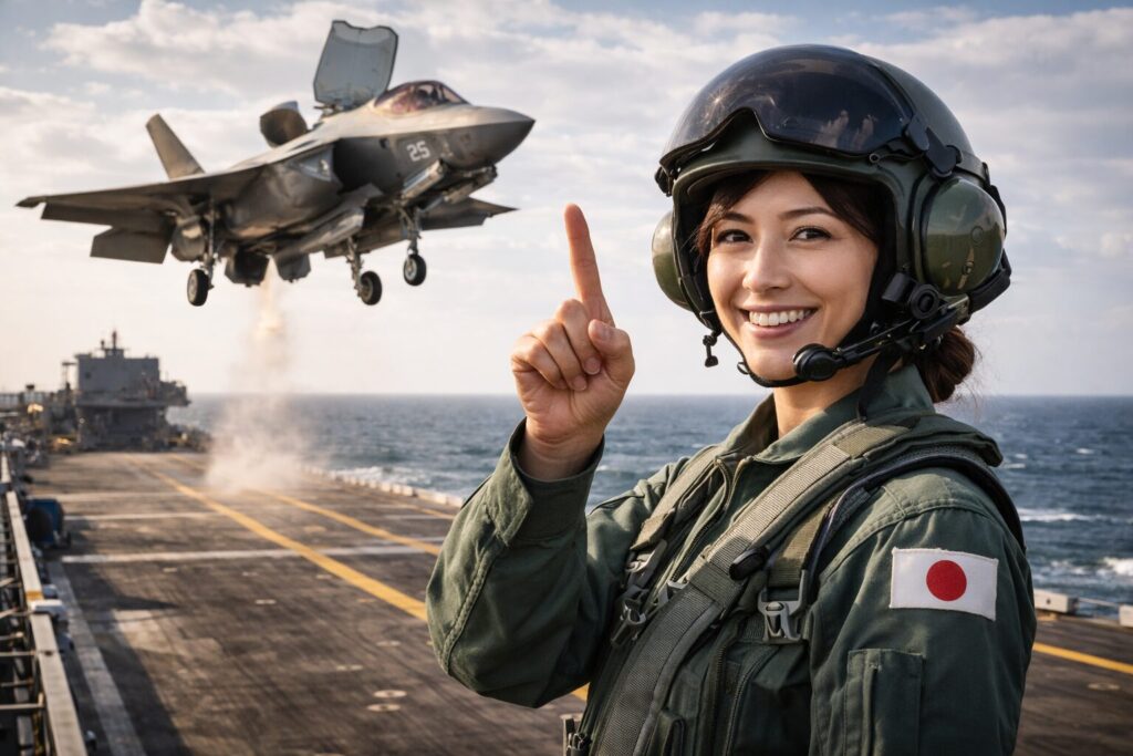 ｆ35垂直離着陸機を背景に笑顔で人差し指をたてる女性自衛官