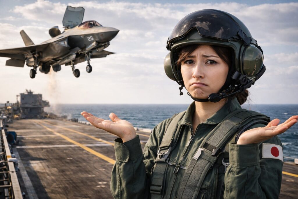 ｆ35垂直離着陸機を背景に困り顔の女性自衛官