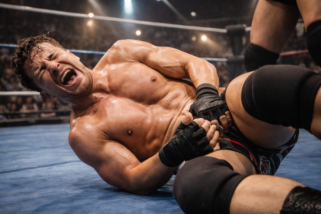 弱点をつかれてダウンするプロレスラー