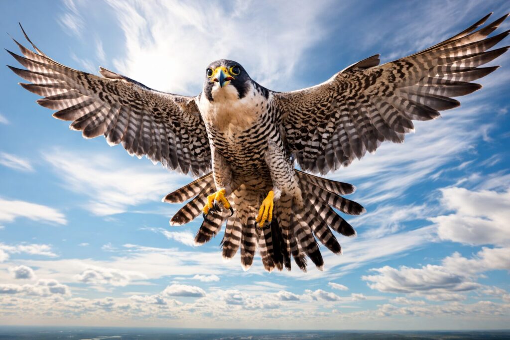 大きく羽を広げるハヤブサ