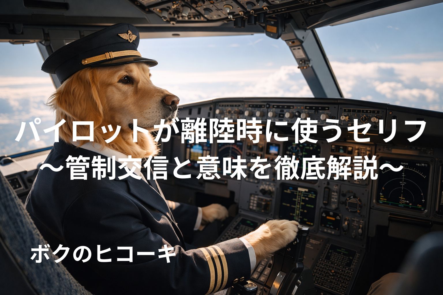 旅客機を操縦するレトリバーのパイロット