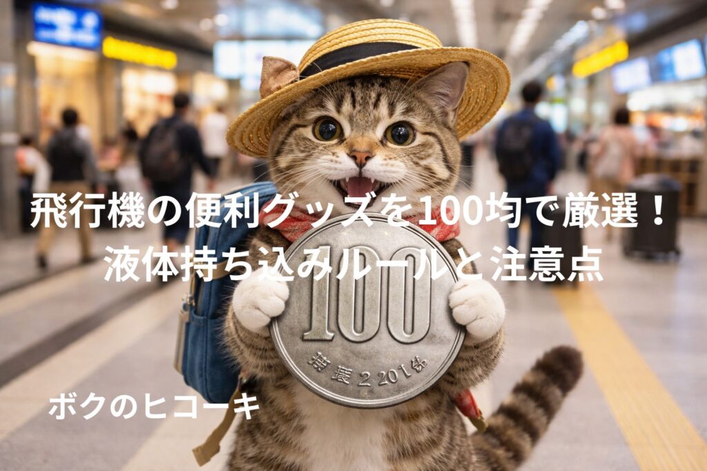 空港で大きな１００円玉を見せる猫の旅行者