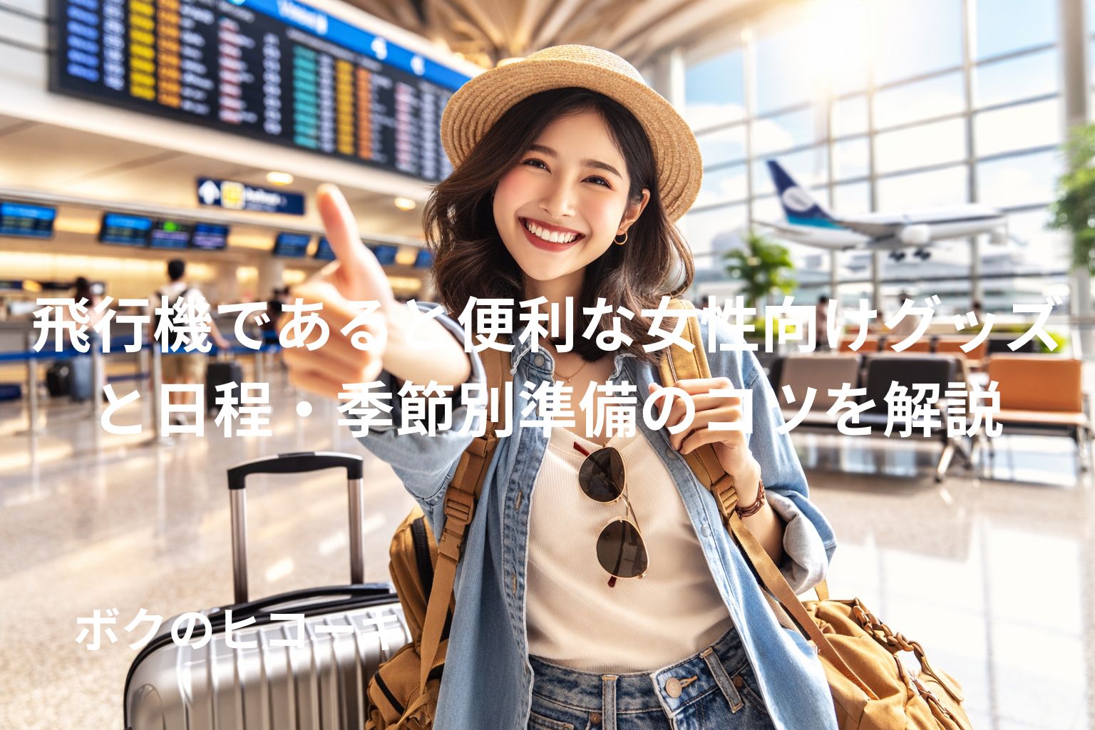 空港で笑顔で親指を立てる女性旅行者