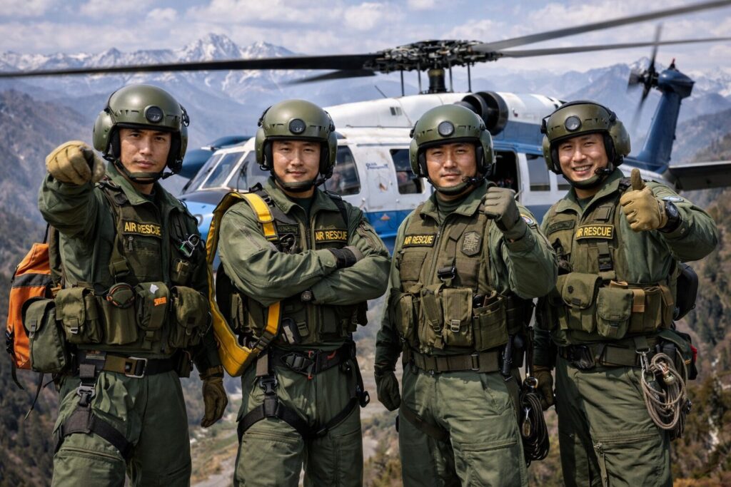 ポージングを決める航空救難団員たち