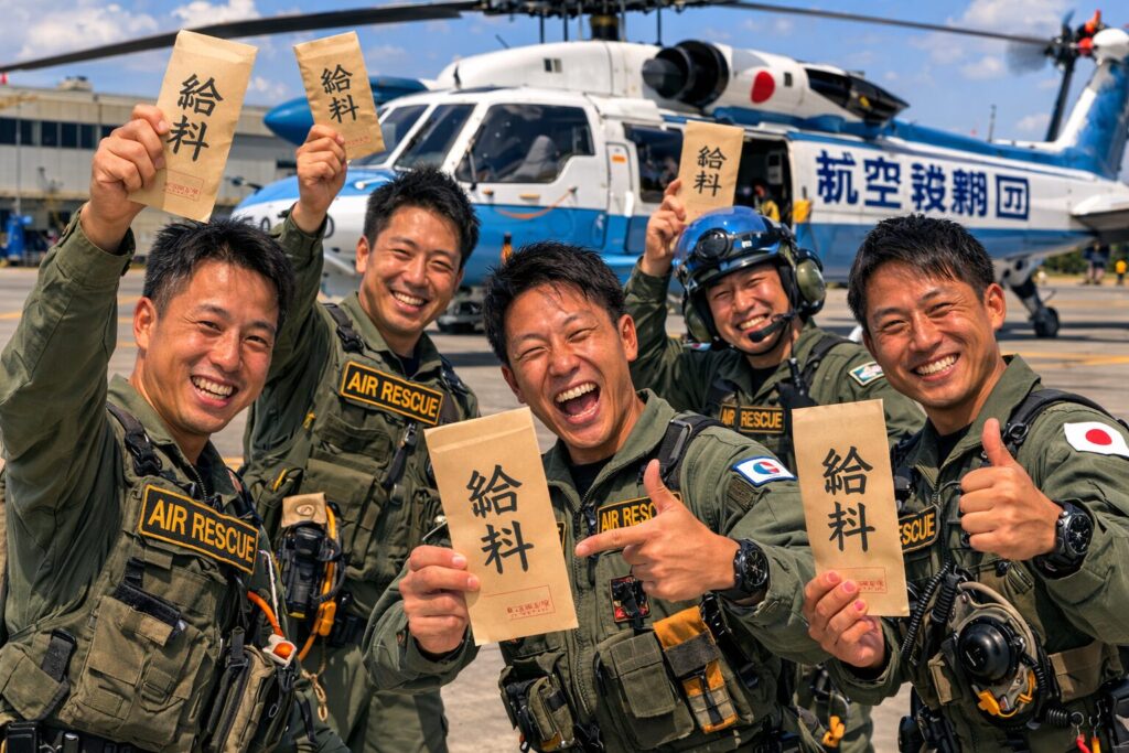 給料袋を見せびらかす航空救難団員たち