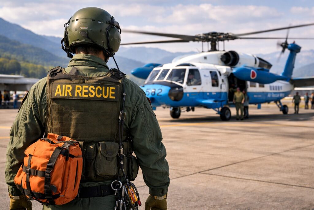 1人の航空救難団員の後ろ姿