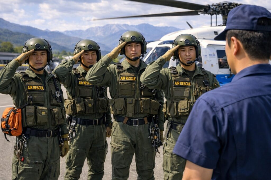 上官に敬礼する救難団員たち