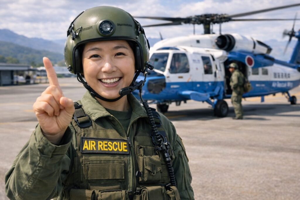 笑顔で人差し指をたてる航空救難団の女性団員