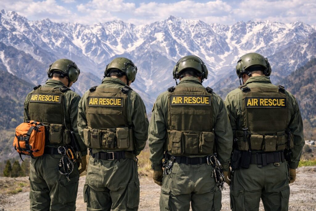 北アルプスの山々に黙とうをささげる航空救難団