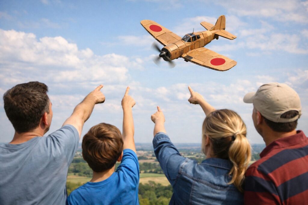 上空を飛行する段ボール製ラジコン飛行機を指さす人々