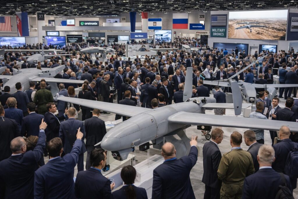 バイヤーで賑わう軍用ドローンの国際展示会場
