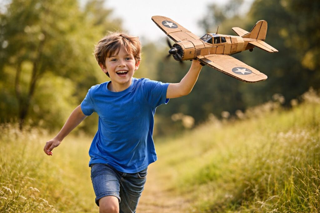 段ボール製の飛行機のおもちゃを持って走る子供
