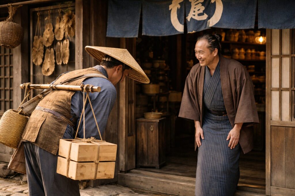 店の入り口で番頭に挨拶をする江戸時代の御用聞き