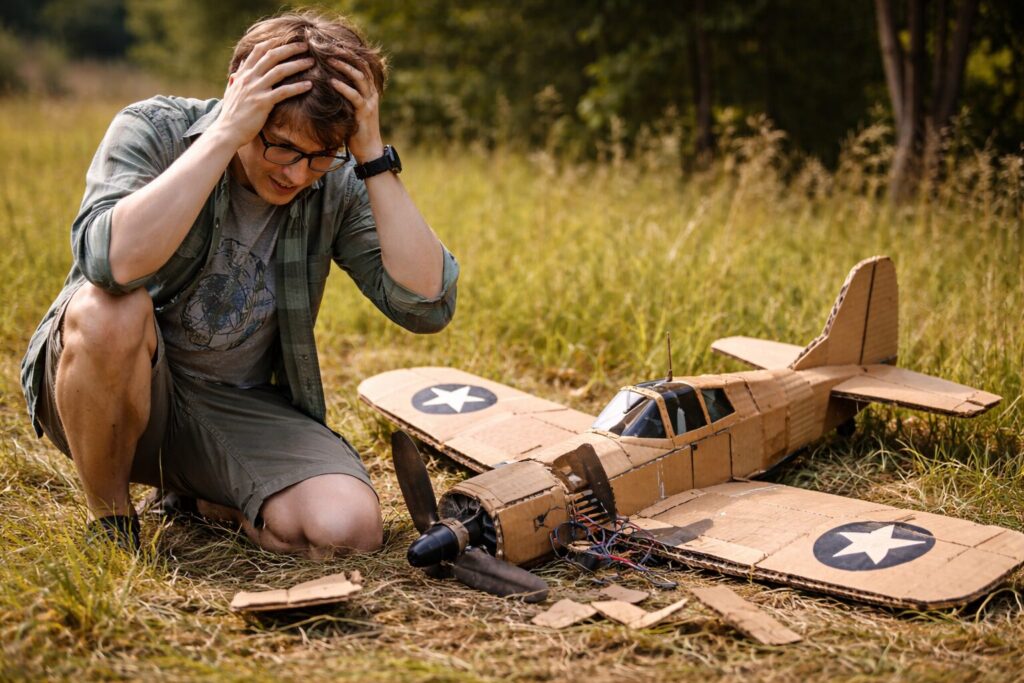 墜落したラジコン飛行機の前で頭を抱えるオタク