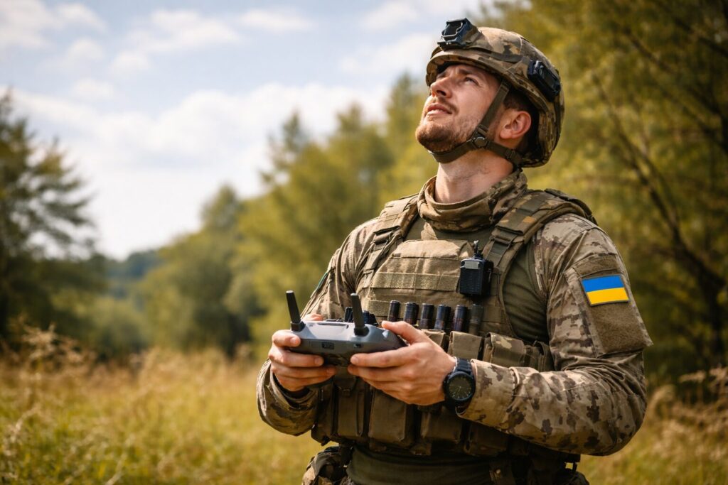 空を見上げてラジコンを操作するウクライナ兵士