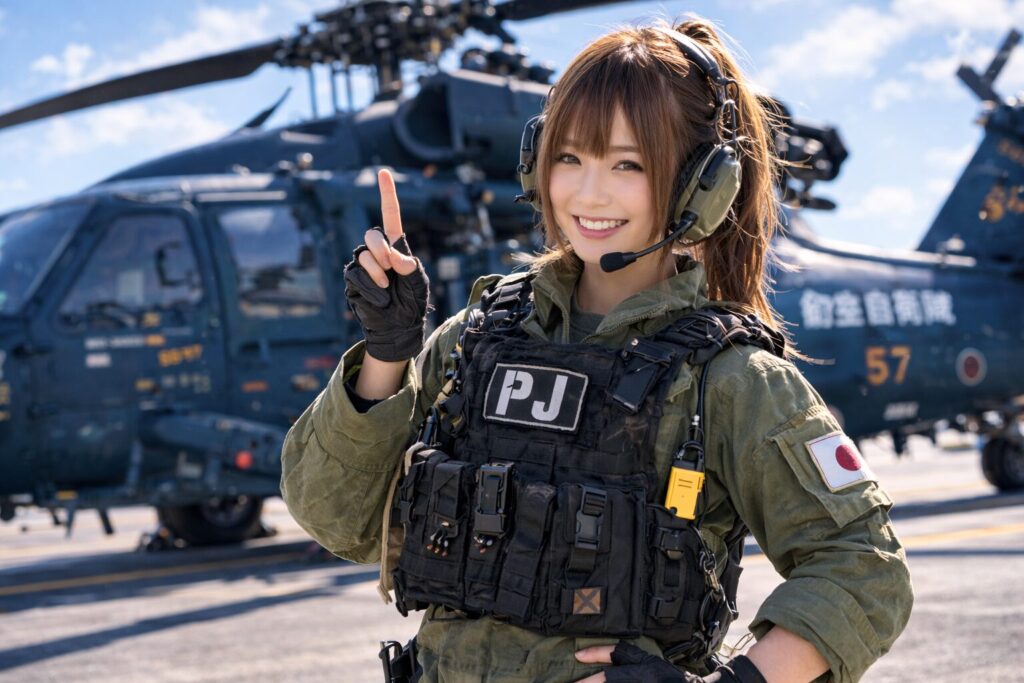 笑顔で人差し指を立てる『PJ ~航空救難団~』の女性コスプレイヤー