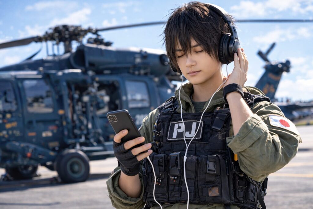 スマホで音楽に聴き入る航空救難団員