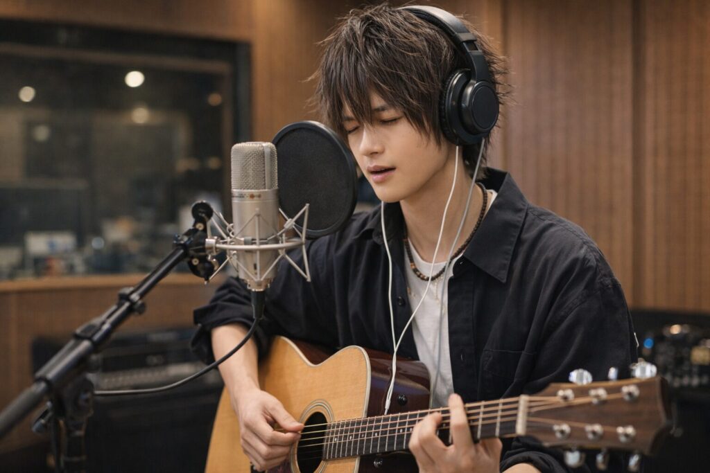 スタジオで曲の収録をするミュージシャン