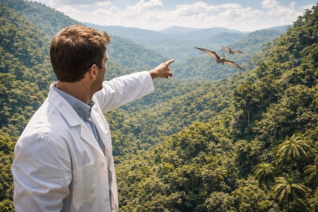 遠くの翼竜を指さす白衣の男性