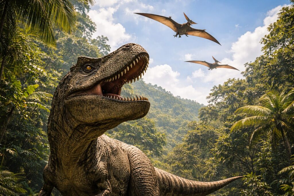 翼竜を見上げるティラノサウルス