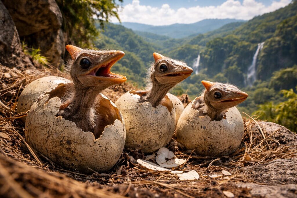 崖の上で卵から孵った翼竜のヒナ