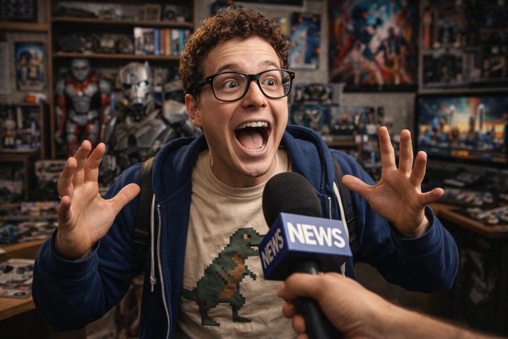 興奮しながらインタビューを受けるオタク