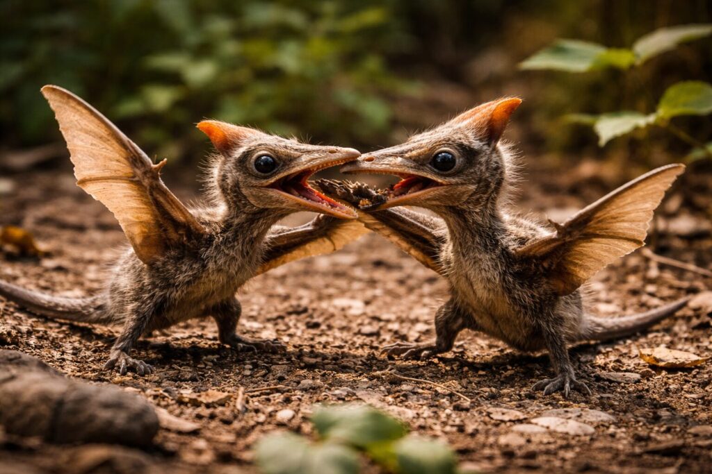 ネズミと同じ大きさの翼竜が喧嘩をしている