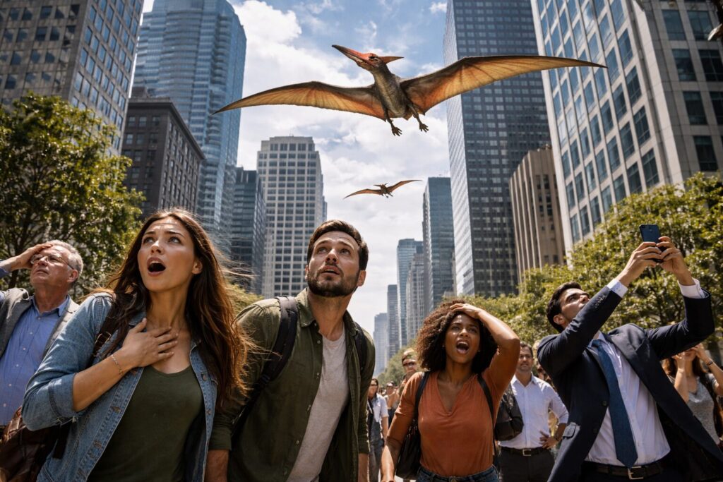 ビル街を飛ぶ翼竜に驚く人々