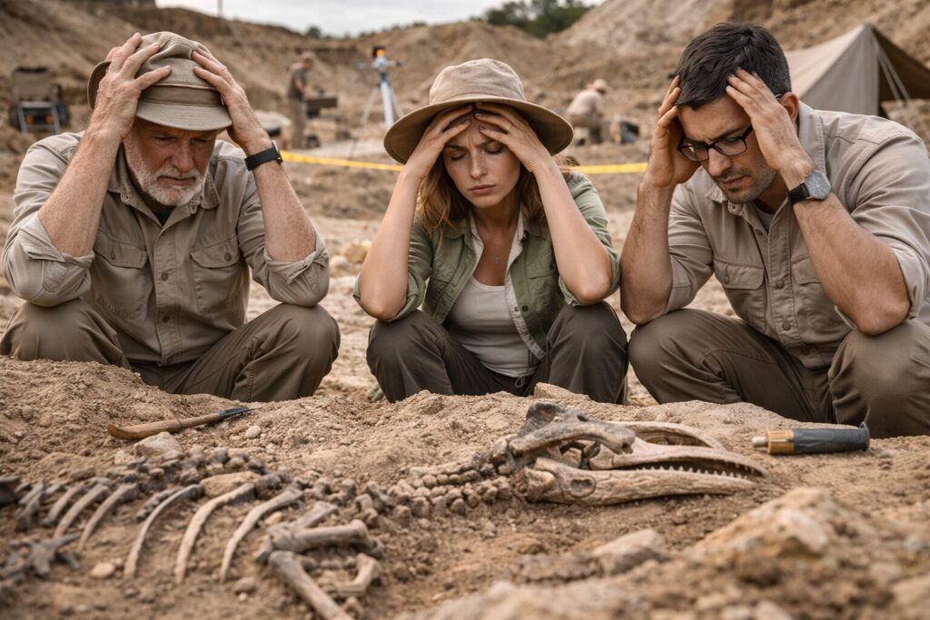 化石採掘現場で頭を抱えて悩む学者たち
