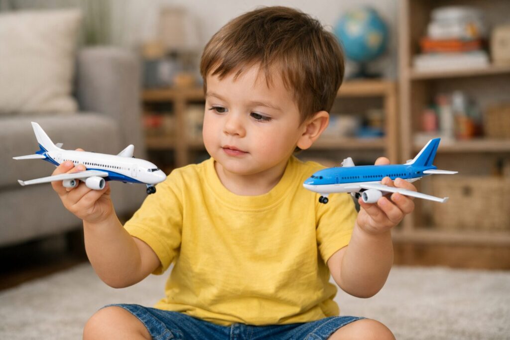 2つの旅客機のおもちゃを見比べる幼児