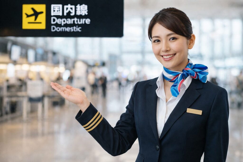 空港で国内線を案内する女性CA