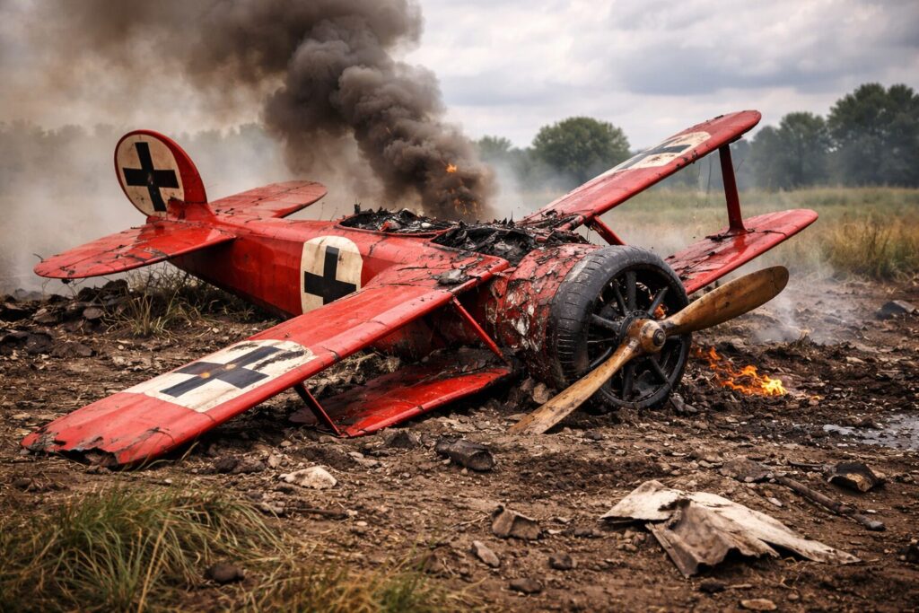 地上に激突したレッドバロンの赤い三葉機