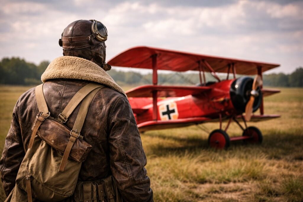第一次大戦のパイロットの後ろ姿
背景はレッドバロンの赤い三葉機