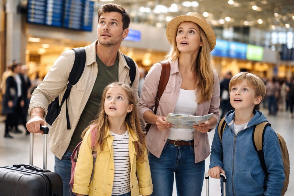 空港内できょろきょろする4人家族の旅行者