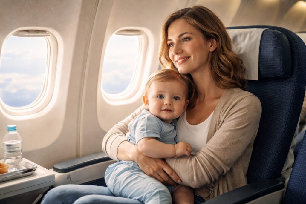 子供を抱いて旅客機の座席に座る女性