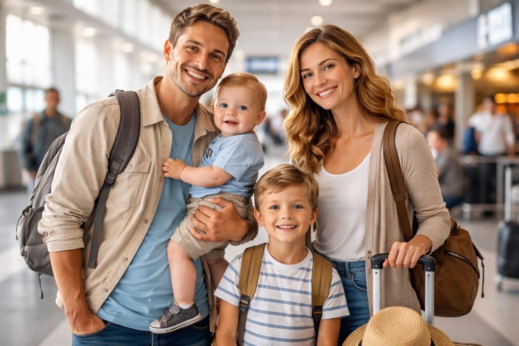 空港で乳児と小児を連れている旅行者夫婦