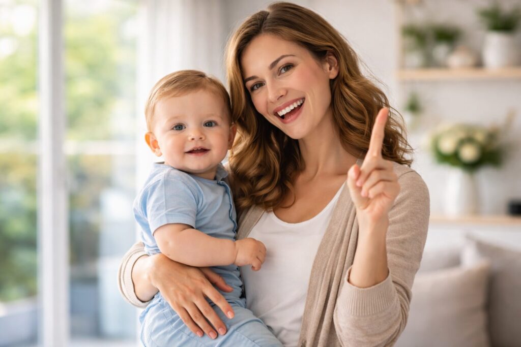 笑顔で子供を抱いて人差し指を立てる女性