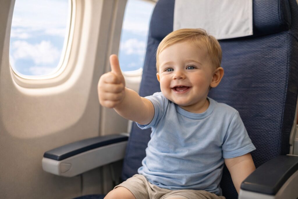 旅客機の座席で親指を立てる2歳児