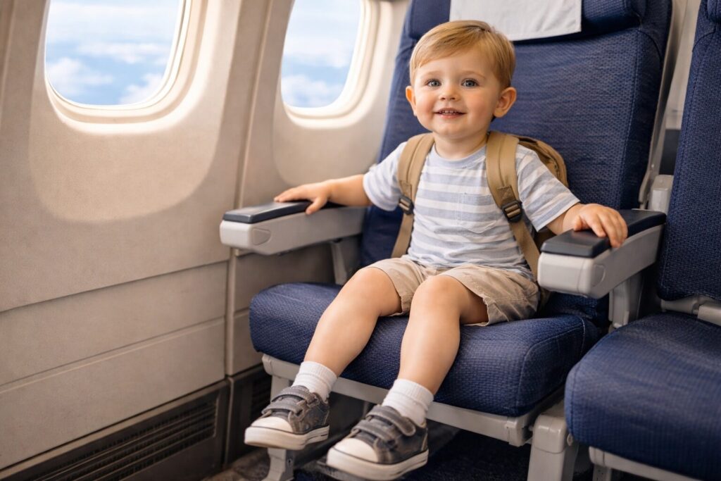 旅客機の座席で足が床に届かない幼稚園児